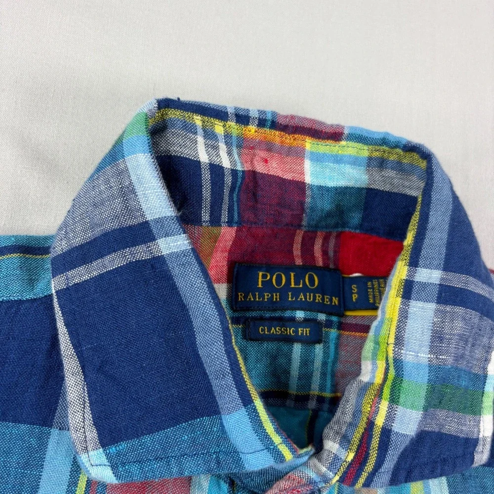 Polo Ralph Lauren Linen Shirt Mens Small Blue Plaid Button Up Classic Fit Beach